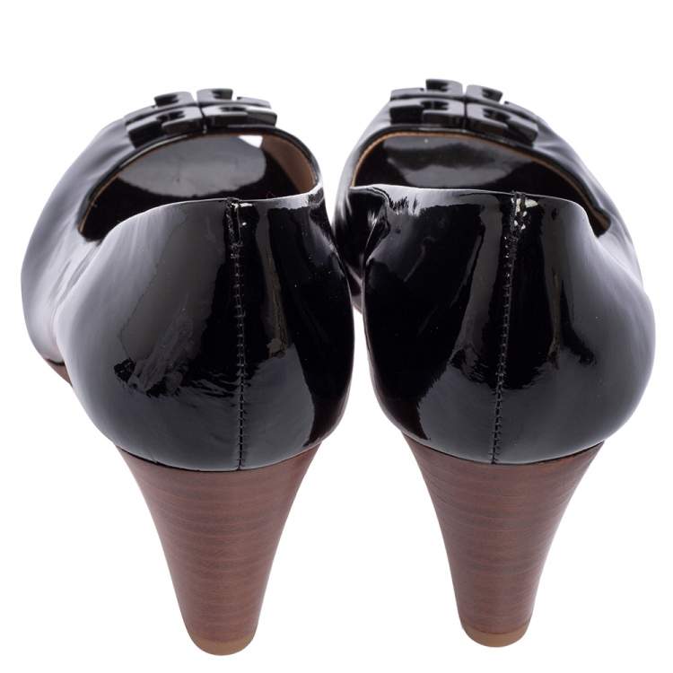 Pre Owned Tory Burch Black Patent Leather Lowell Peep Toe Wedge Pumps Size 36