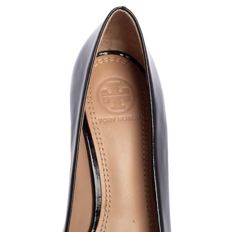 Pre Owned Tory Burch Black Patent Leather Lowell Peep Toe Wedge Pumps Size 36