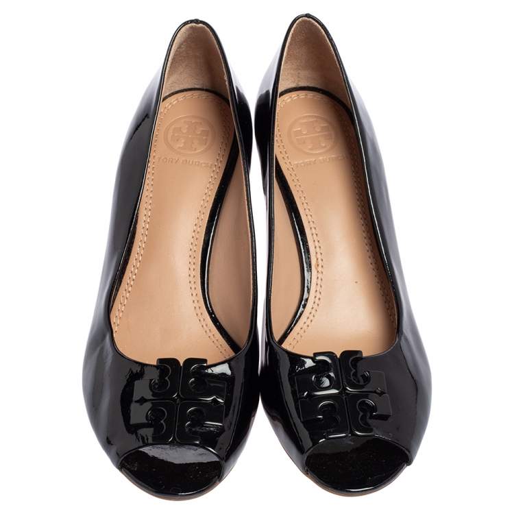 Pre Owned Tory Burch Black Patent Leather Lowell Peep Toe Wedge Pumps Size 36