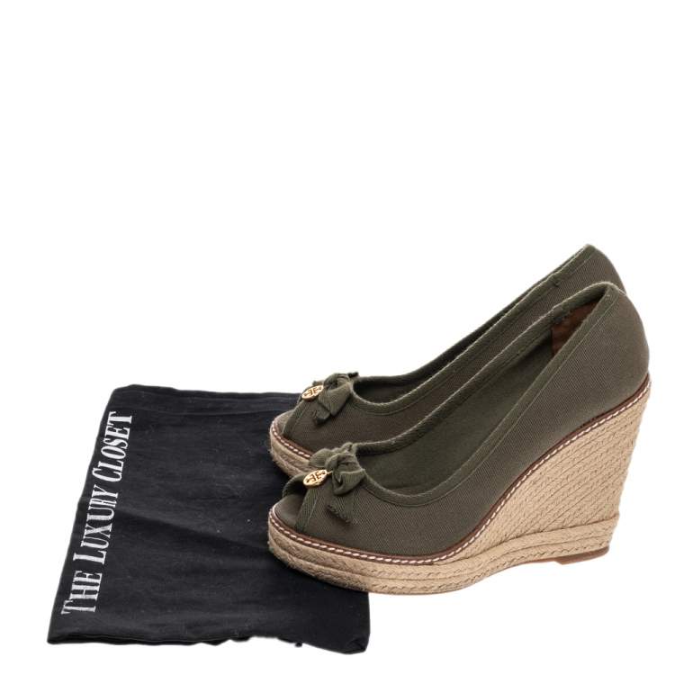 Pre Owned Tory Burch Olive Green Canvas Jackie Espadrille Wedge Pumps Size 37.5