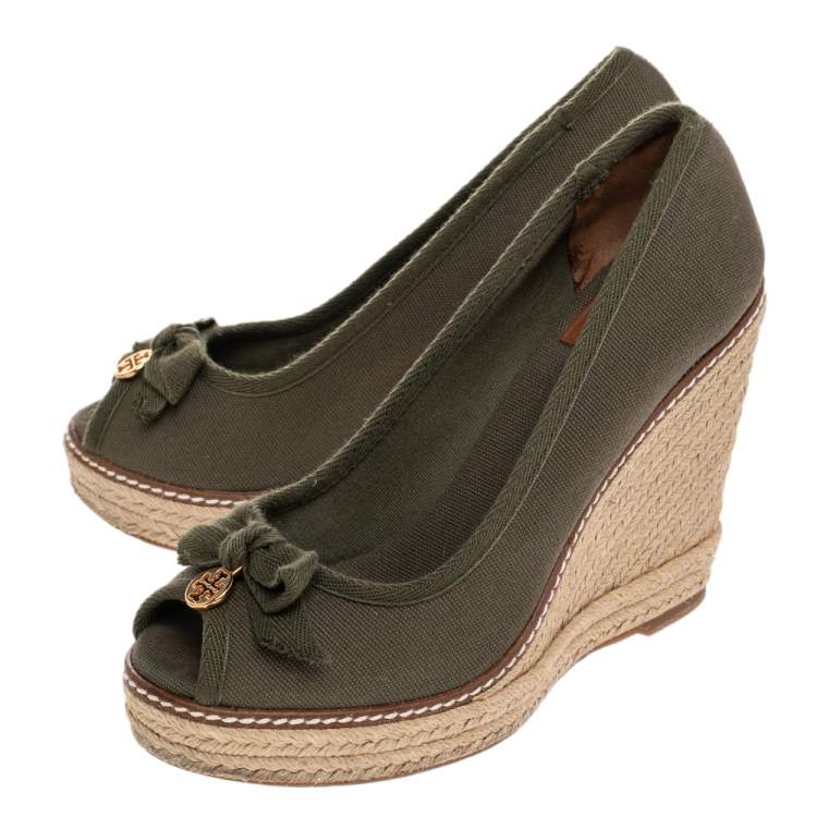 Pre Owned Tory Burch Olive Green Canvas Jackie Espadrille Wedge Pumps Size 37.5