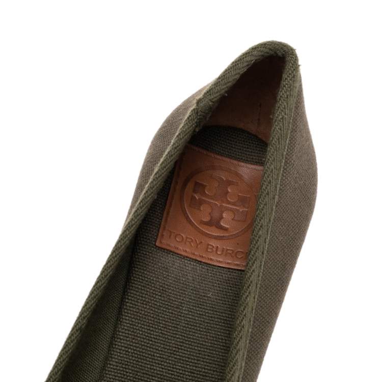 Pre Owned Tory Burch Olive Green Canvas Jackie Espadrille Wedge Pumps Size 37.5