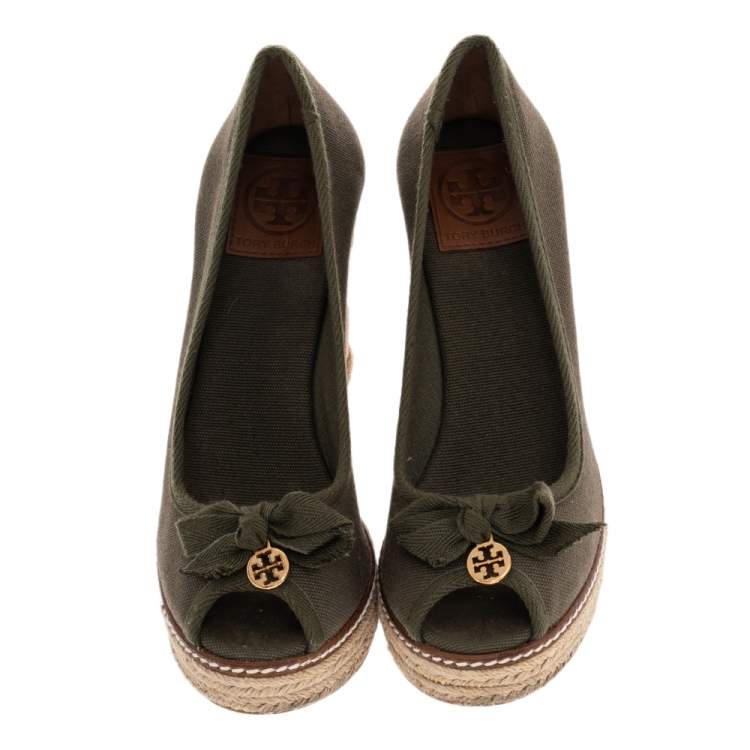 Pre Owned Tory Burch Olive Green Canvas Jackie Espadrille Wedge Pumps Size 37.5