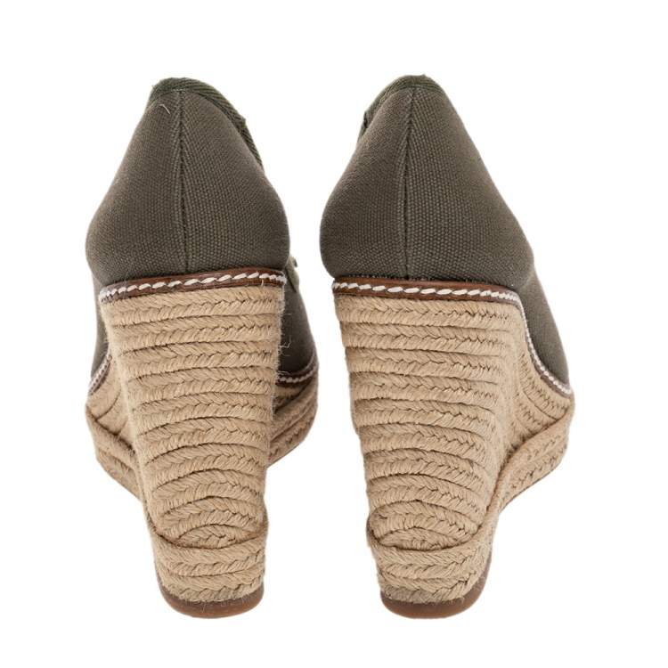 Pre Owned Tory Burch Olive Green Canvas Jackie Espadrille Wedge Pumps Size 37.5