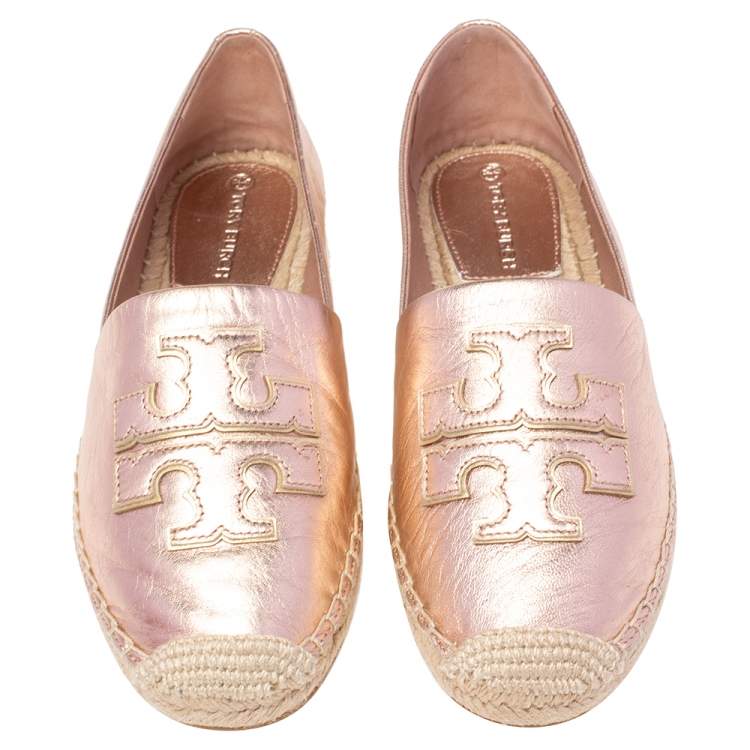 Pre Owned  Tory Burch Rose Gold Leather Ines Espadrille Flats Size 38
