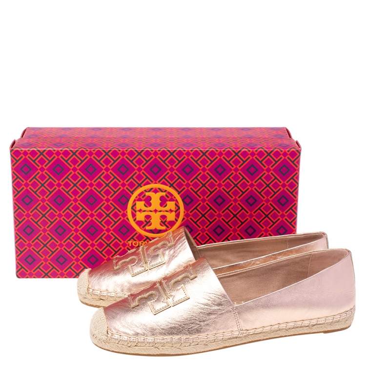 Pre Owned  Tory Burch Rose Gold Leather Ines Espadrille Flats Size 38