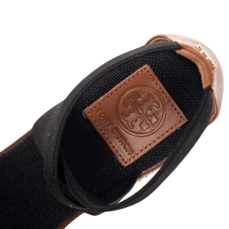 Pre Owned Tory Burch Black Canvas Frieda Espadrille Wedge Sandals Size 38