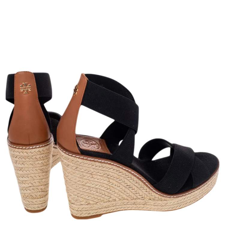 Pre Owned Tory Burch Black Canvas Frieda Espadrille Wedge Sandals Size 38