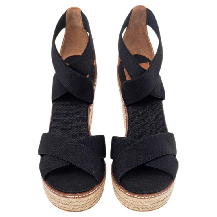 Pre Owned Tory Burch Black Canvas Frieda Espadrille Wedge Sandals Size 38