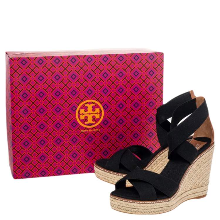 Pre Owned Tory Burch Black Canvas Frieda Espadrille Wedge Sandals Size 38