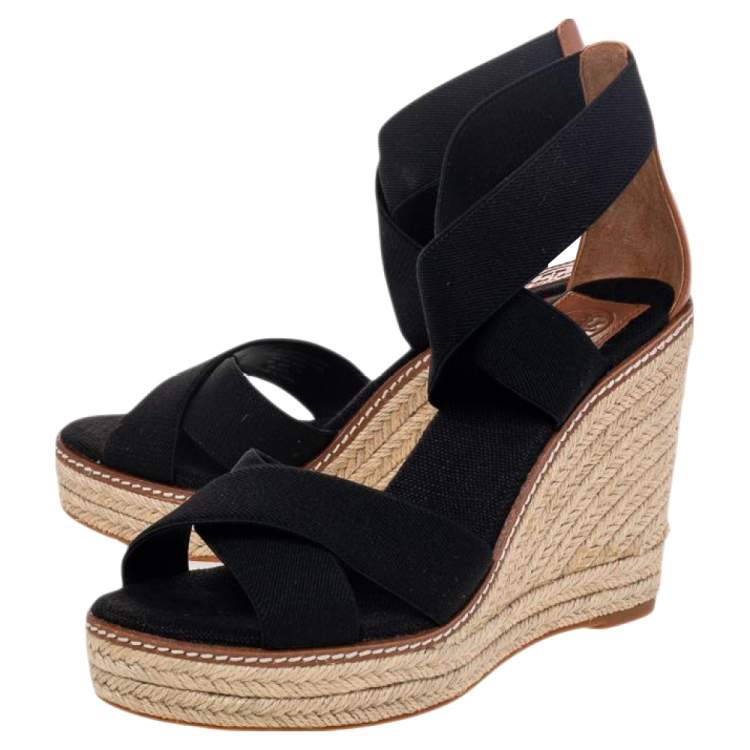Pre Owned Tory Burch Black Canvas Frieda Espadrille Wedge Sandals Size 38