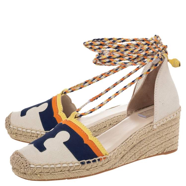 Pre Owned Tory Burch Multicolor Canvas And Nubuck Laguna Espadrille Wedge Sandals Size 37