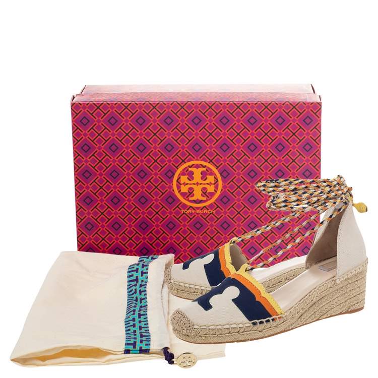 Pre Owned Tory Burch Multicolor Canvas And Nubuck Laguna Espadrille Wedge Sandals Size 37