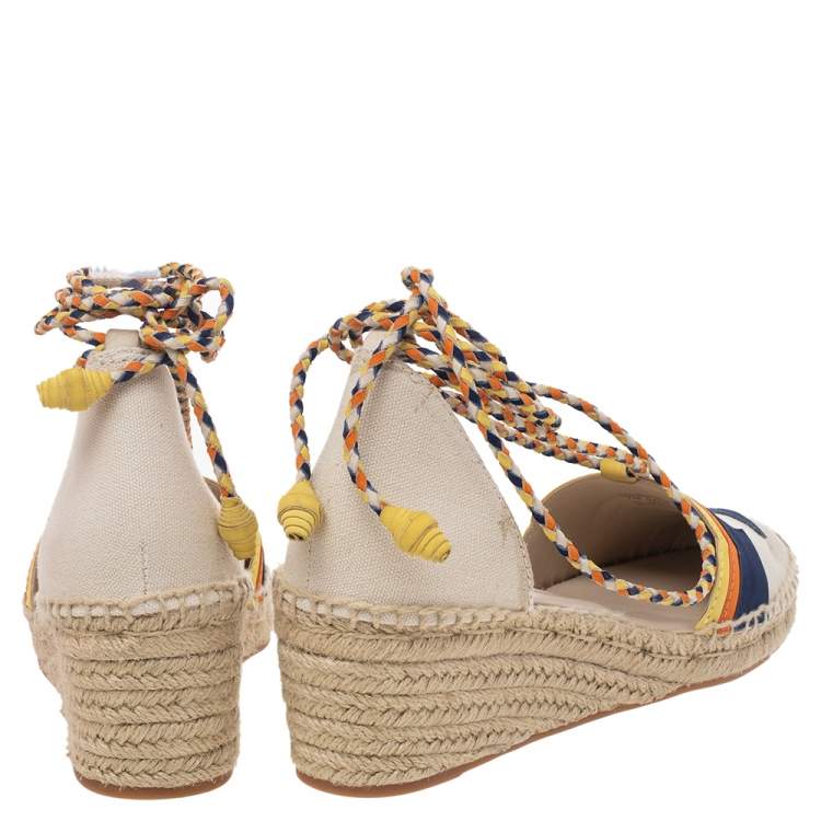 Pre Owned Tory Burch Multicolor Canvas And Nubuck Laguna Espadrille Wedge Sandals Size 37