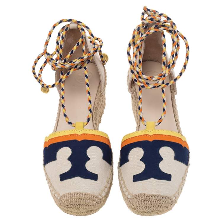 Pre Owned Tory Burch Multicolor Canvas And Nubuck Laguna Espadrille Wedge Sandals Size 37