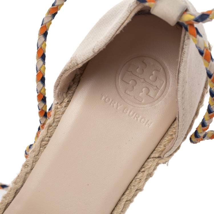 Pre Owned Tory Burch Multicolor Canvas And Nubuck Laguna Espadrille Wedge Sandals Size 37