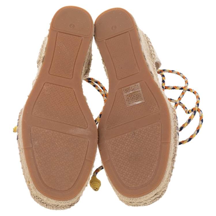 Pre Owned Tory Burch Multicolor Canvas And Nubuck Laguna Espadrille Wedge Sandals Size 37