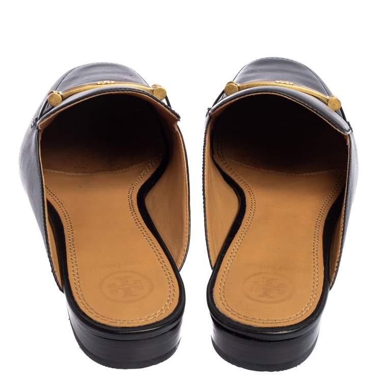 Pre Owned Tory Burch Black Leather Loafer Mules Size 38.5