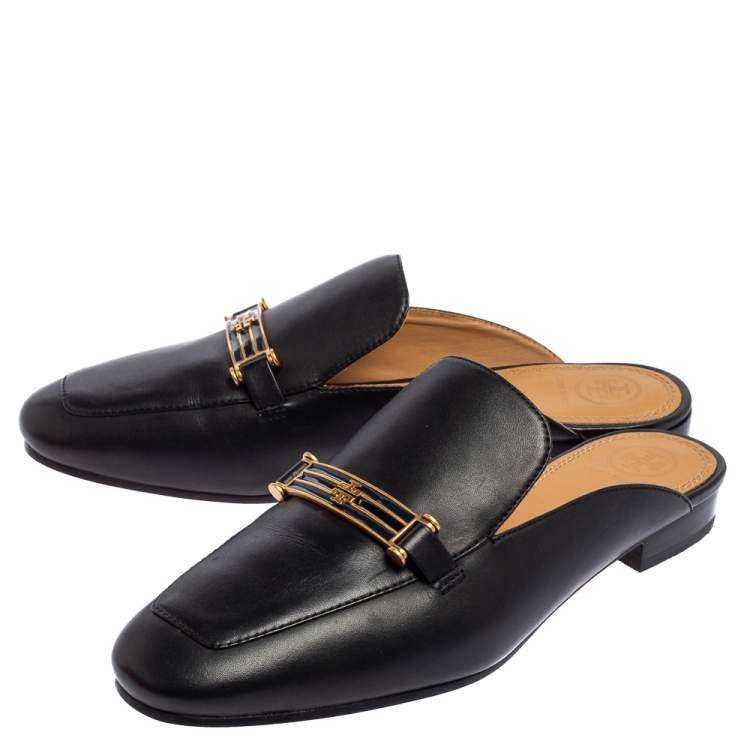 Pre Owned Tory Burch Black Leather Loafer Mules Size 38.5
