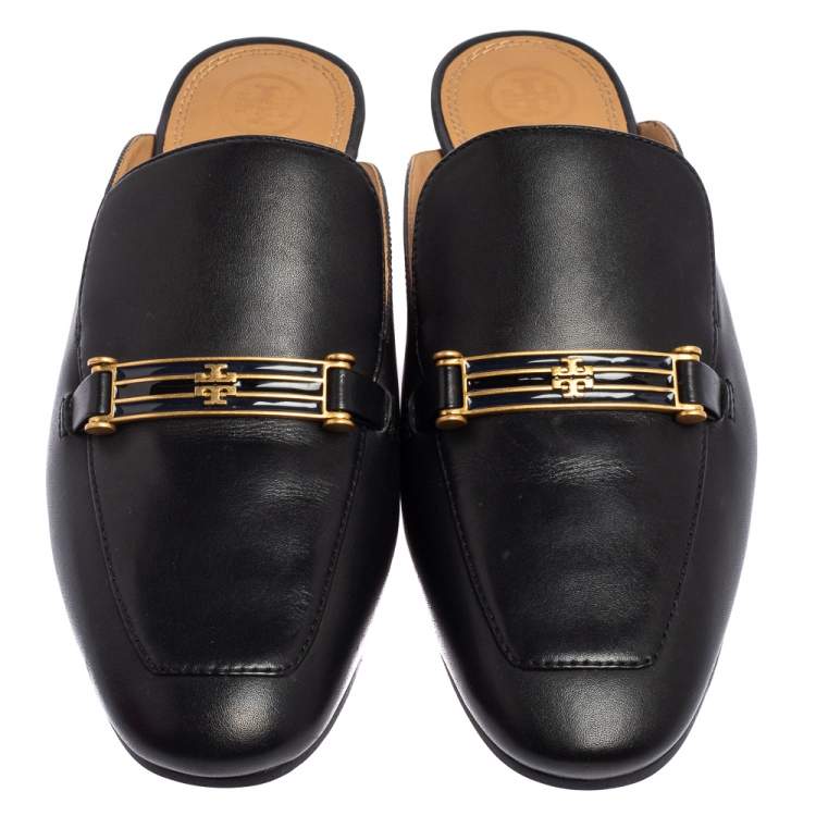 Pre Owned Tory Burch Black Leather Loafer Mules Size 38.5