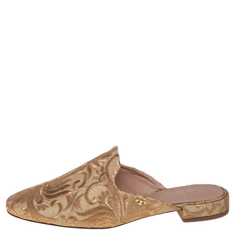 Pre Owned Tory Burch Gold Lurex Fabric Mule Sandals Size 38.5
