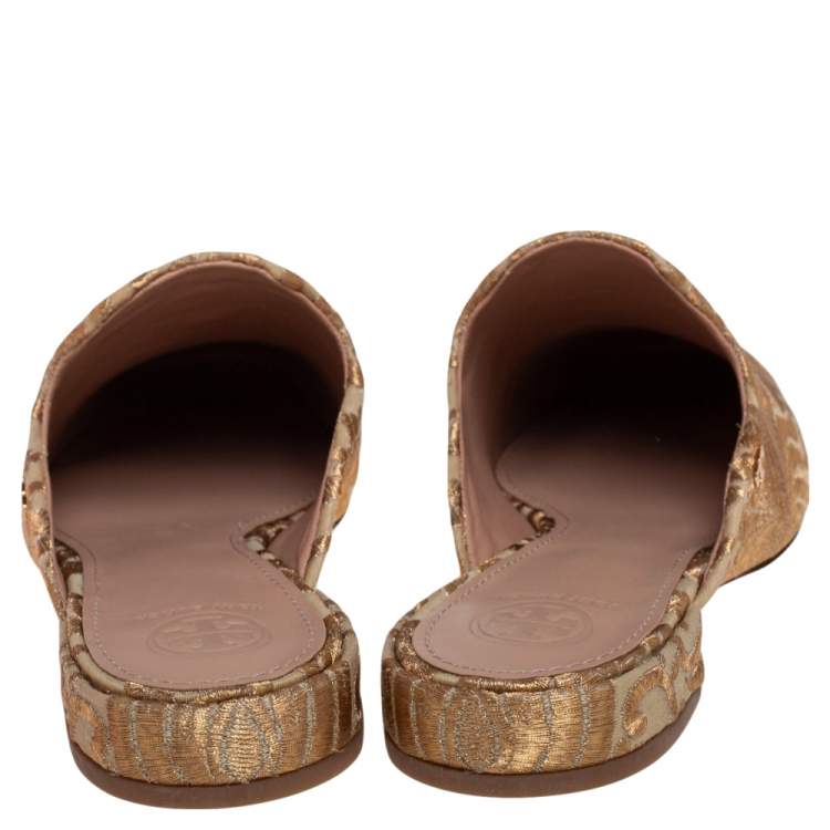 Pre Owned Tory Burch Gold Lurex Fabric Mule Sandals Size 38.5