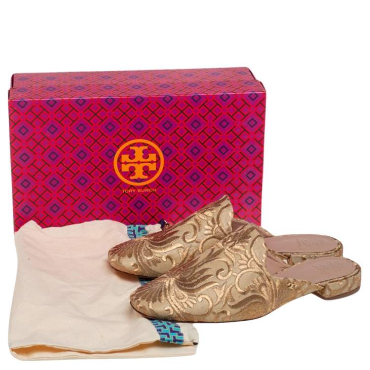 Pre Owned Tory Burch Gold Lurex Fabric Mule Sandals Size 38.5