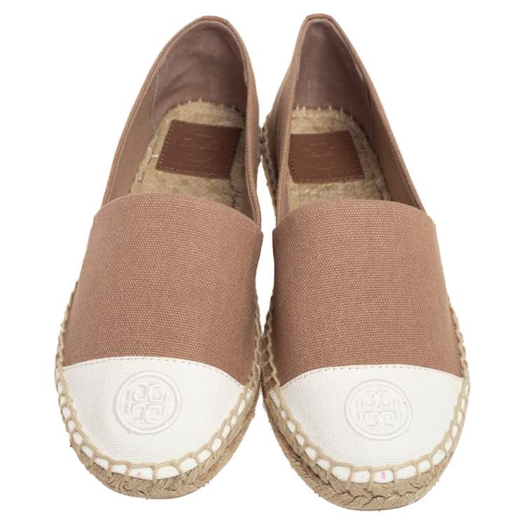 Pre Owned Tory Burch White-Beige Canvas Espadrilles Flat Size 38