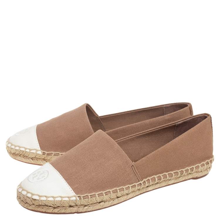 Pre Owned Tory Burch White-Beige Canvas Espadrilles Flat Size 38