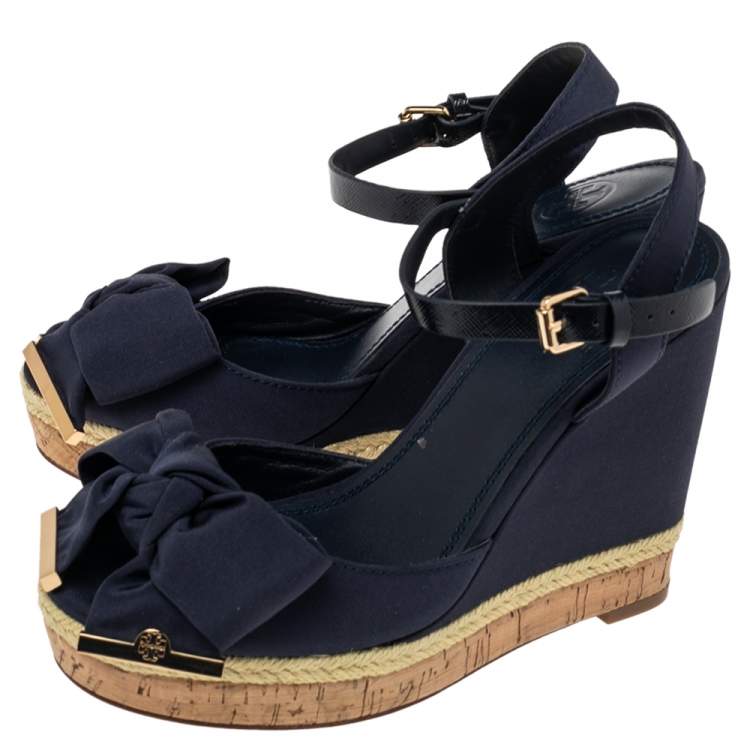 Pre Owned  Tory Burch Blue Canvas  Espadrille Wedge Ankle Strap Sandals Size 36