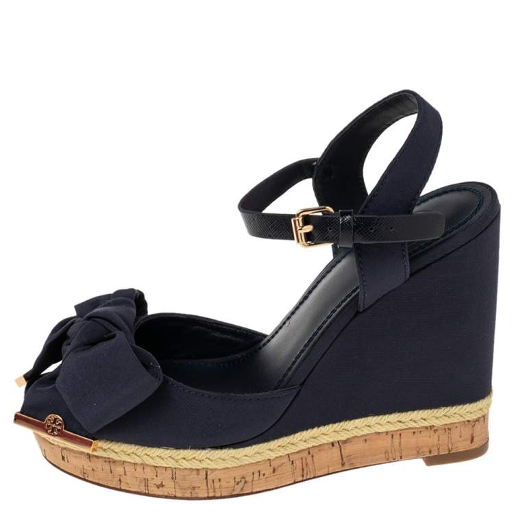 Pre Owned  Tory Burch Blue Canvas  Espadrille Wedge Ankle Strap Sandals Size 36
