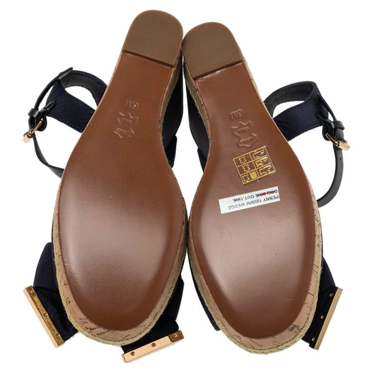 Pre Owned  Tory Burch Blue Canvas  Espadrille Wedge Ankle Strap Sandals Size 36