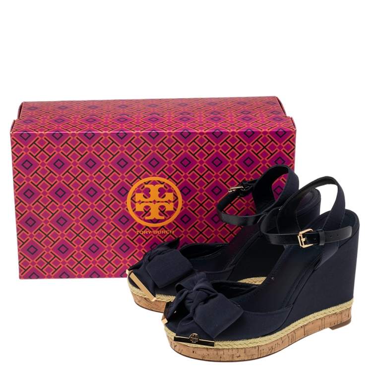 Pre Owned  Tory Burch Blue Canvas  Espadrille Wedge Ankle Strap Sandals Size 36