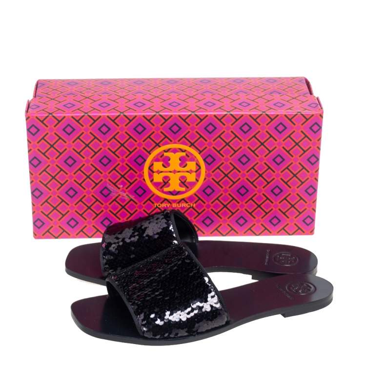 Pre Owned Tory Burch Black Sequins Slide Flats Size 37