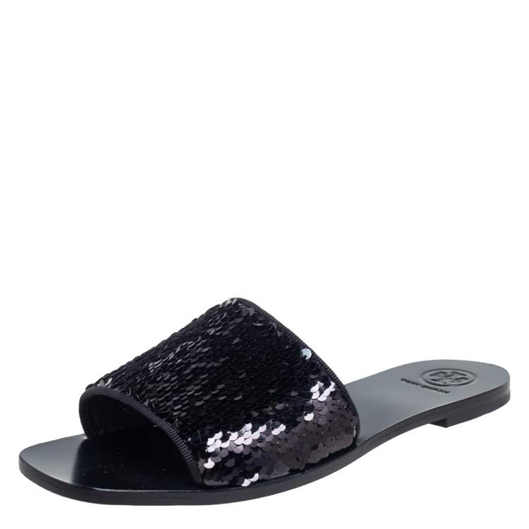Pre Owned Tory Burch Black Sequins Slide Flats Size 37