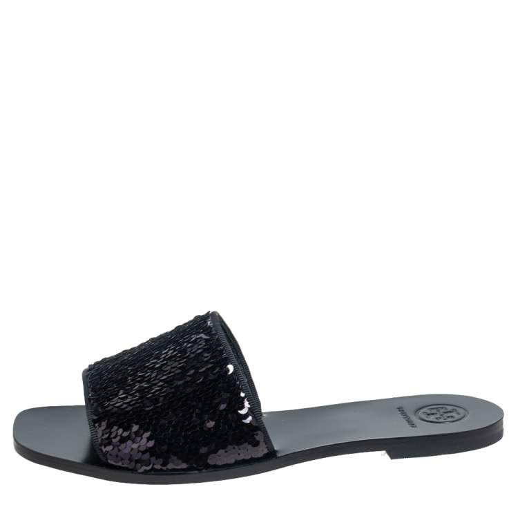 Pre Owned Tory Burch Black Sequins Slide Flats Size 37