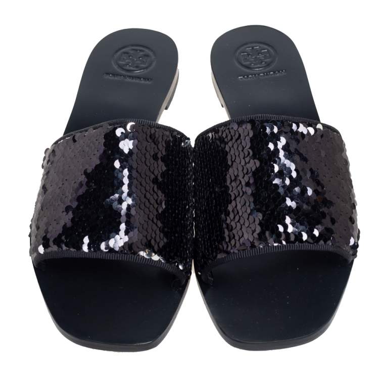 Pre Owned Tory Burch Black Sequins Slide Flats Size 37
