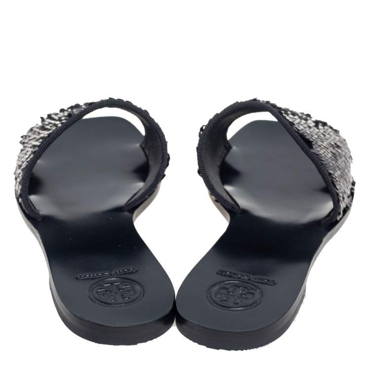 Pre Owned Tory Burch Black Sequins Slide Flats Size 37