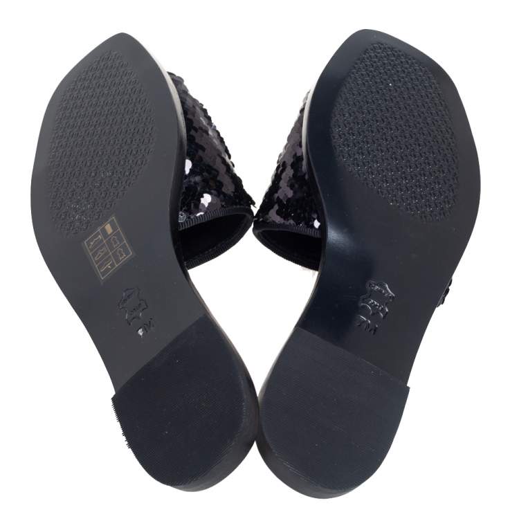 Pre Owned Tory Burch Black Sequins Slide Flats Size 37