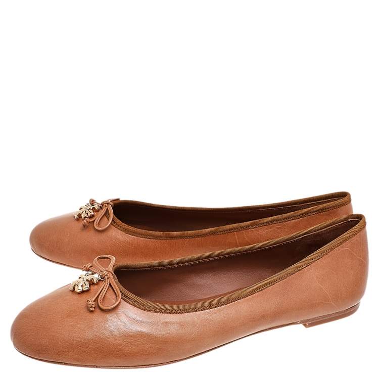 Pre Owned Tory Burch Tan Leather Charm Bow Detail Ballet Flats Size 41