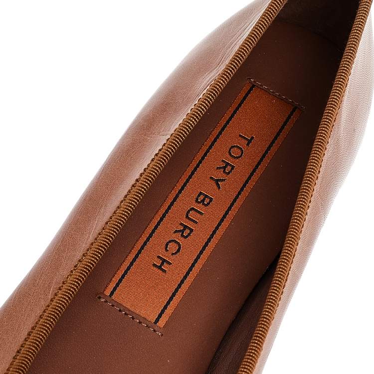 Pre Owned Tory Burch Tan Leather Charm Bow Detail Ballet Flats Size 41