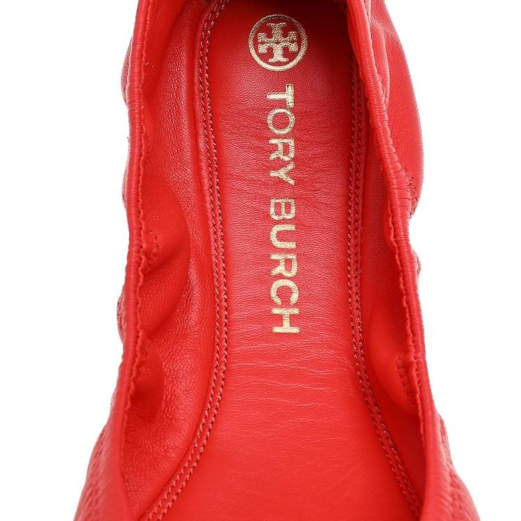 Pre Owned Tory Burch Bright Orange Leather Scrunch Ballet Flats Size 41