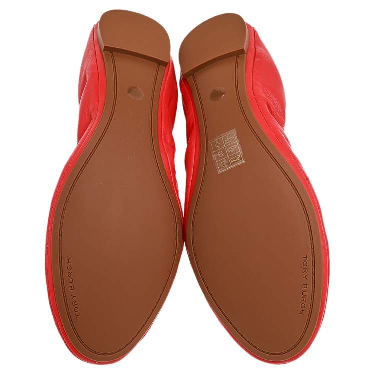 Pre Owned Tory Burch Bright Orange Leather Scrunch Ballet Flats Size 41