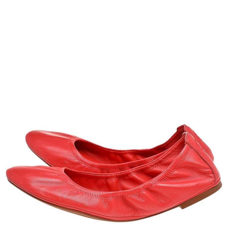 Pre Owned Tory Burch Bright Orange Leather Scrunch Ballet Flats Size 41