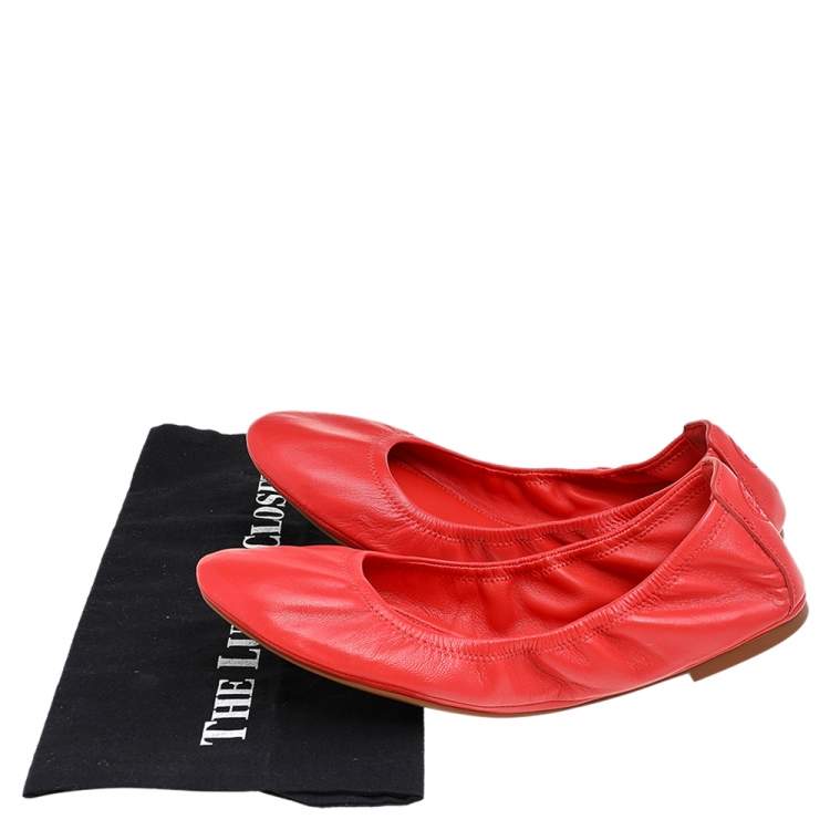 Pre Owned Tory Burch Bright Orange Leather Scrunch Ballet Flats Size 41