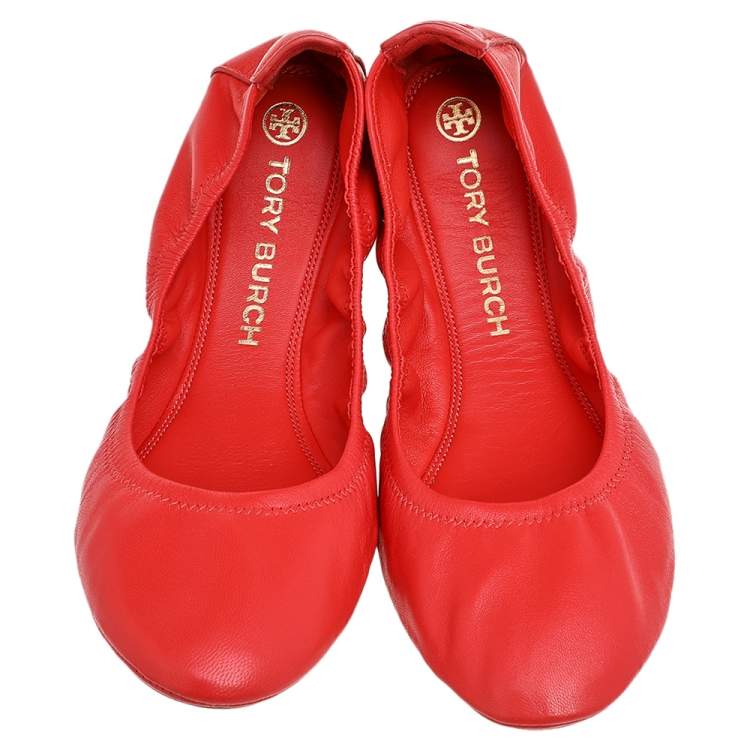 Pre Owned Tory Burch Bright Orange Leather Scrunch Ballet Flats Size 41