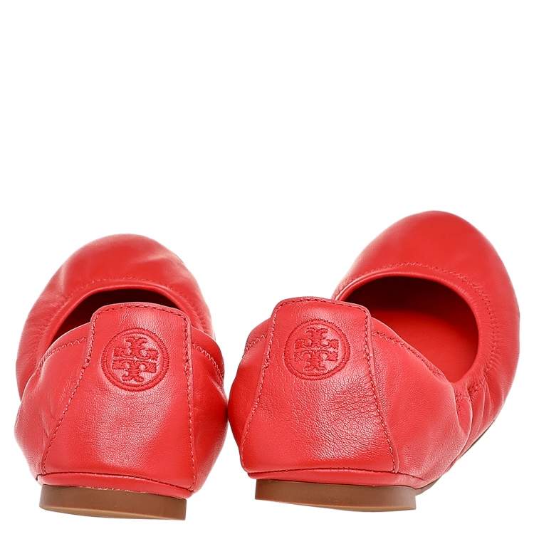Pre Owned Tory Burch Bright Orange Leather Scrunch Ballet Flats Size 41