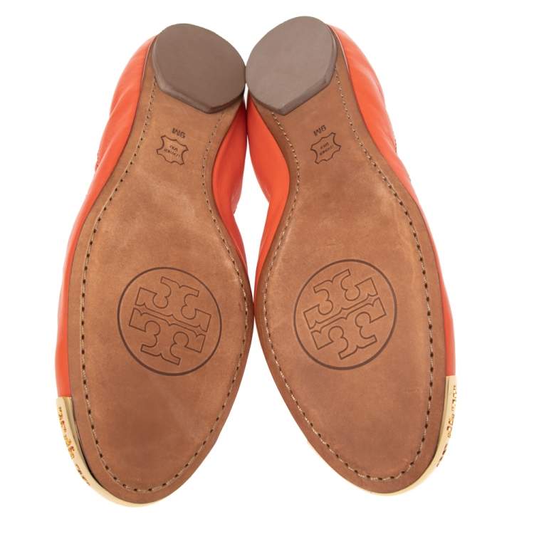 Pre Owned Tory Burch Orange Leather Scrunch Ballet Flats Size 39