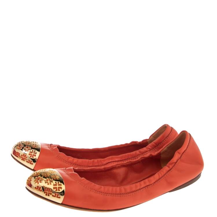 Pre Owned Tory Burch Orange Leather Scrunch Ballet Flats Size 39