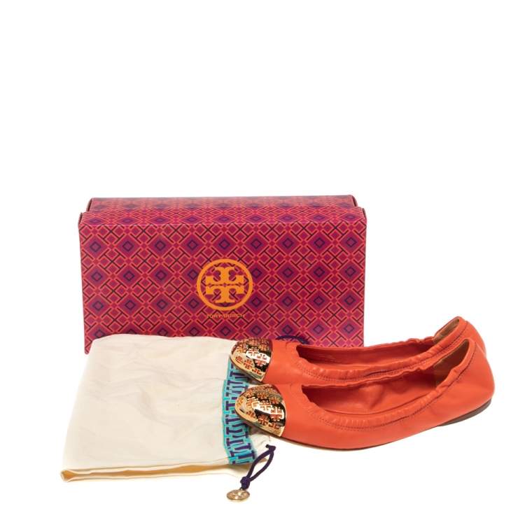 Pre Owned Tory Burch Orange Leather Scrunch Ballet Flats Size 39